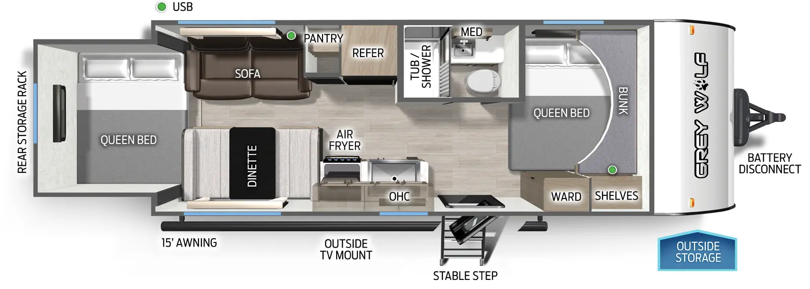 The Grey Wolf 19SM floorplan has one entry and one slide out. Exterior features include: metal exterior and 15' awning. Interiors features include: front bedroom, rear bedroom and two bedrooms.